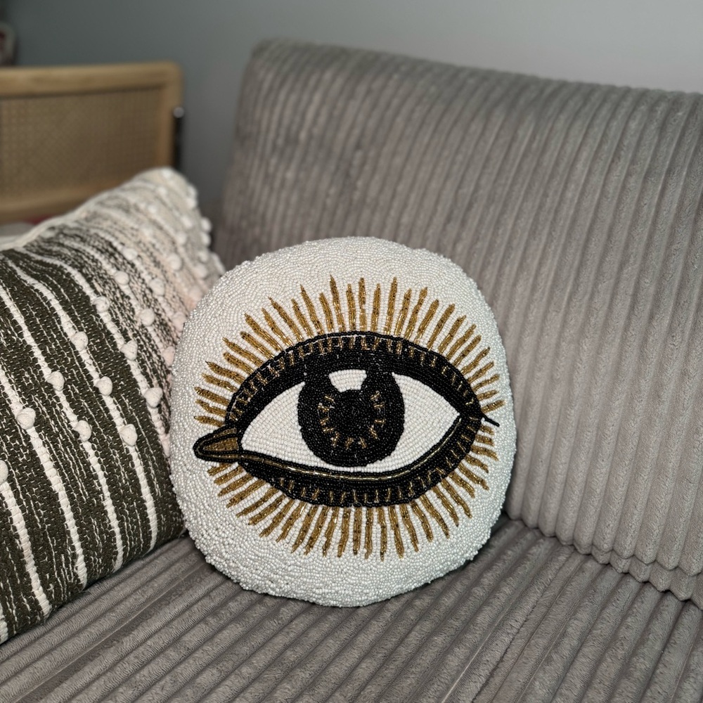 Mt Jones Beaded Round Eye Design Pillow Black White Gold